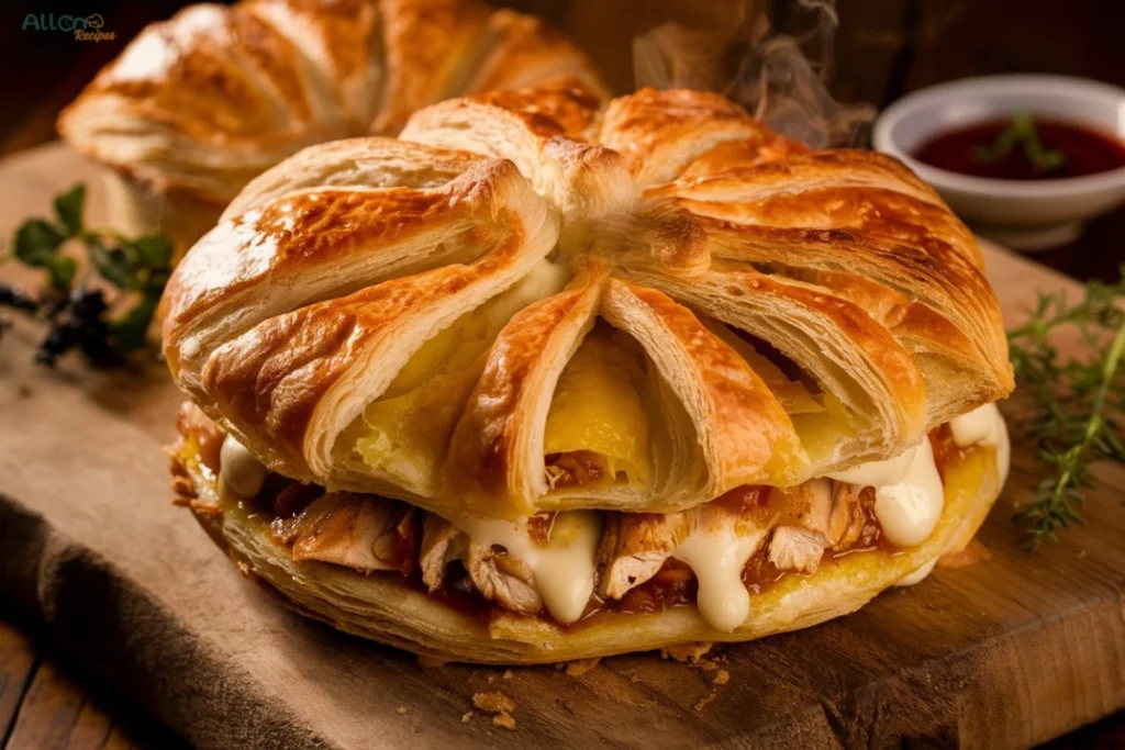 A collage showing the step-by-step process of making a chicken and cheese jalousie, from filling the pastry to baking it golden brown.