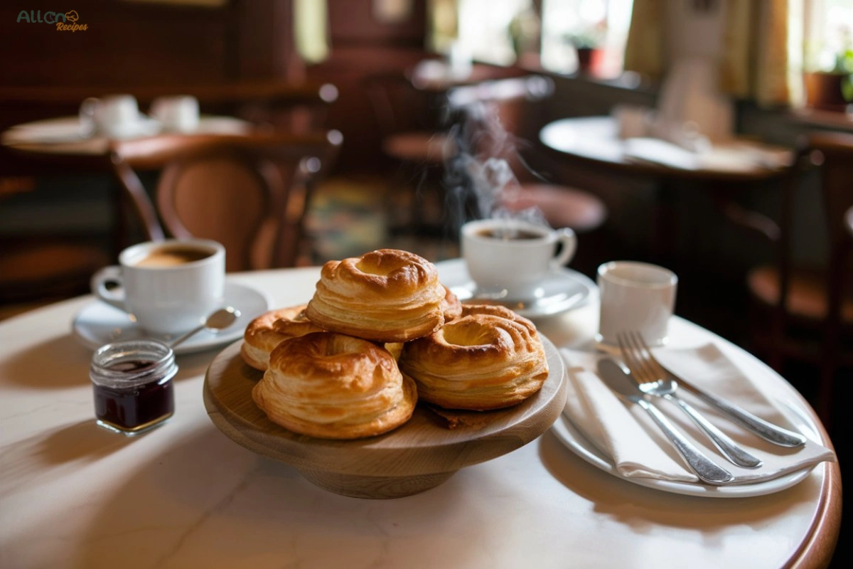 A Swiss breakfast table featuring golden-brown Gipfeli, served with coffee and jam in a cozy European café setting.