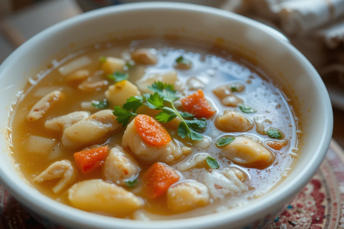 A warm bowl of Grandma’s chicken soup with fresh herbs, tender chicken, and vegetables, served with crusty bread on the side.