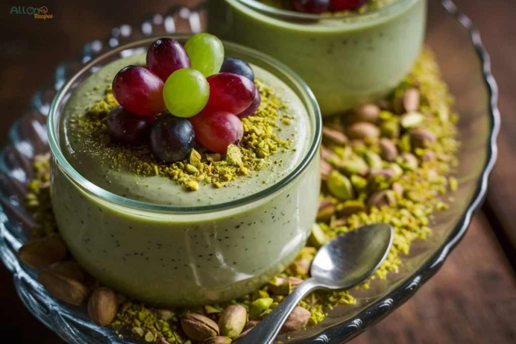 A dessert table featuring pistachio pudding with grapes in different variations, including parfaits, marshmallow toppings, and Greek yogurt versions.