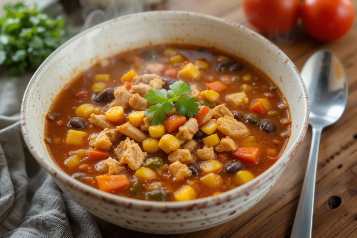 A steaming bowl of Easy Spark Recipes Chicken Taco Soup with fresh ingredients like corn, beans, and tomatoes, served on a wooden table.