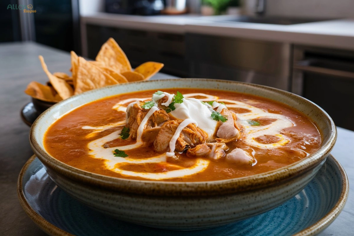 A bowl of Spark Recipes chicken taco soup with shredded chicken, beans, corn, and a rich tomato broth, garnished with fresh cilantro and avocado.