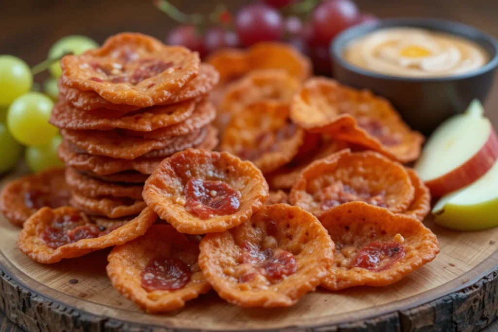 Crispy beef pepperoni chips served on a wooden board with cheese, hummus, and fresh fruit for a delicious low-carb snack.