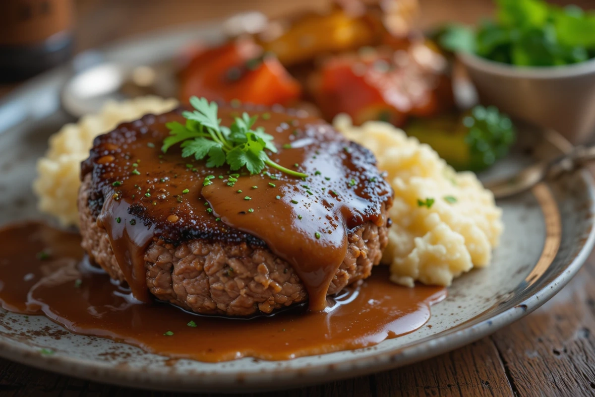 A juicy Banquet Salisbury Steak covered in rich brown gravy, served with mashed potatoes and roasted vegetables on a rustic plate.