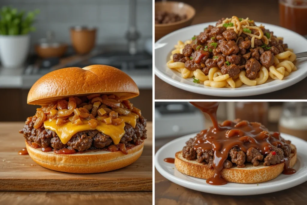 A Banquet Salisbury Steak sandwich with melted cheese, a pasta dish with chopped Salisbury steak, and an open-faced steak meal with gravy.