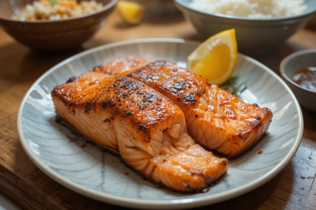 Grilled salmon kama with crispy golden skin served on a ceramic plate with lemon and dipping sauce.