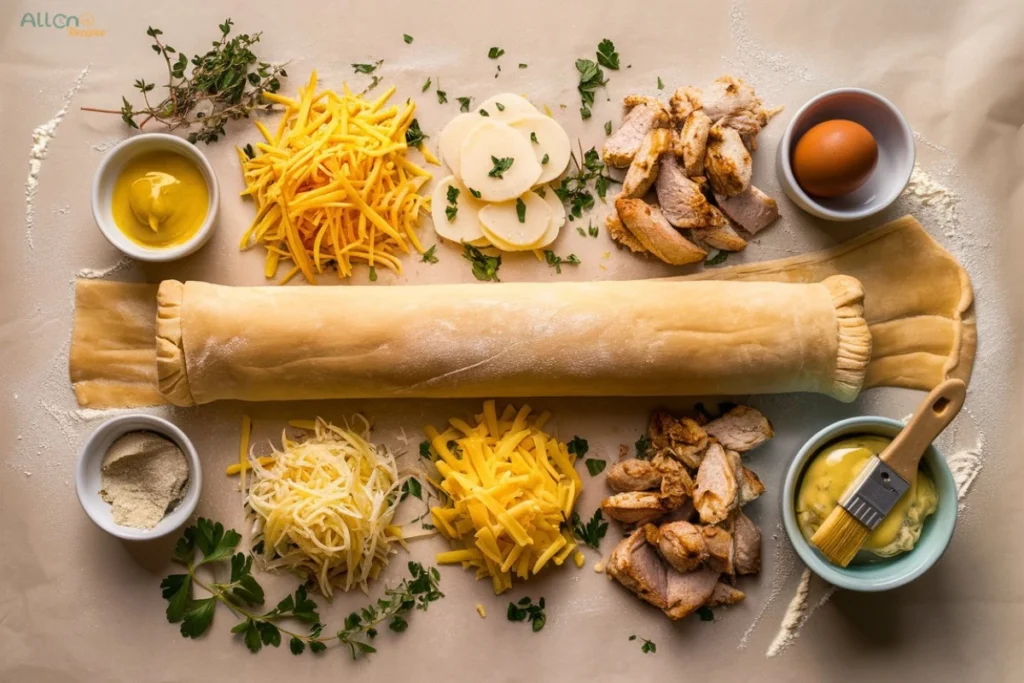 Ingredients for a chicken and cheese jalousie recipe, including puff pastry, cheese, chicken, mustard, herbs, and an egg wash.