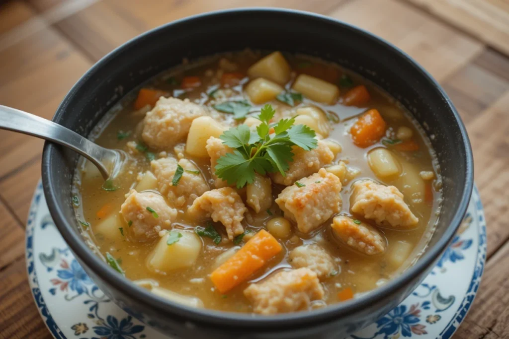 A pot of Grandma’s chicken soup simmering on the stove, filled with chicken, carrots, celery, and flavorful broth.