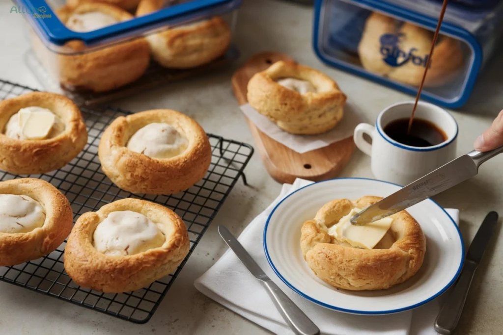 Freshly baked Gipfeli on a cooling rack, served with butter and coffee, with a storage container in the background.