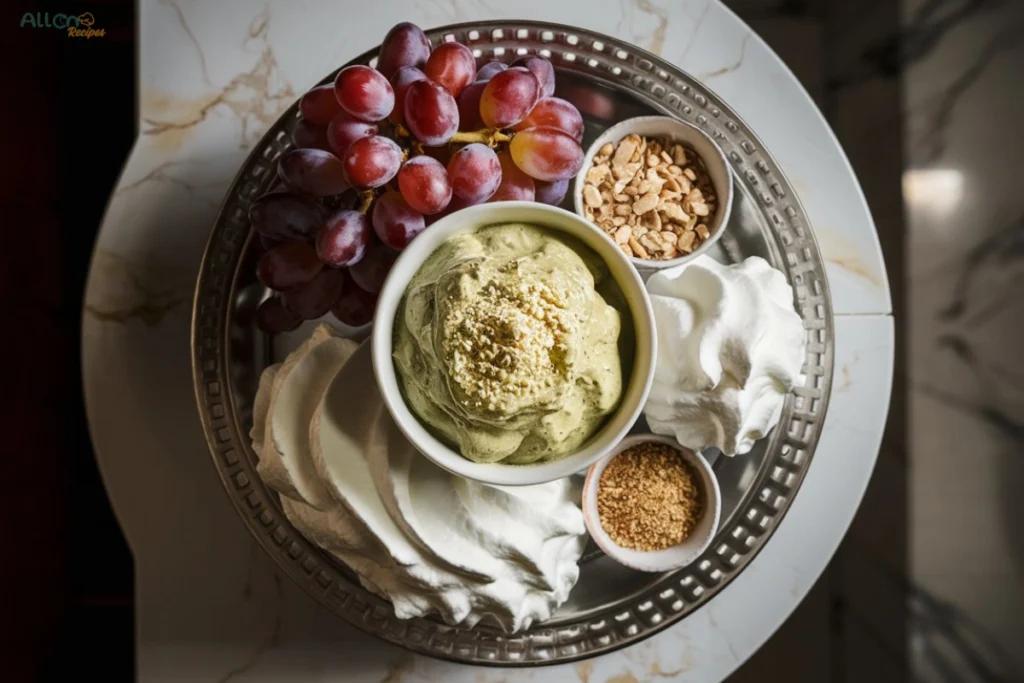 A step-by-step collage showing mixing pudding, adding grapes, folding in whipped cream, and garnishing with crushed nuts.