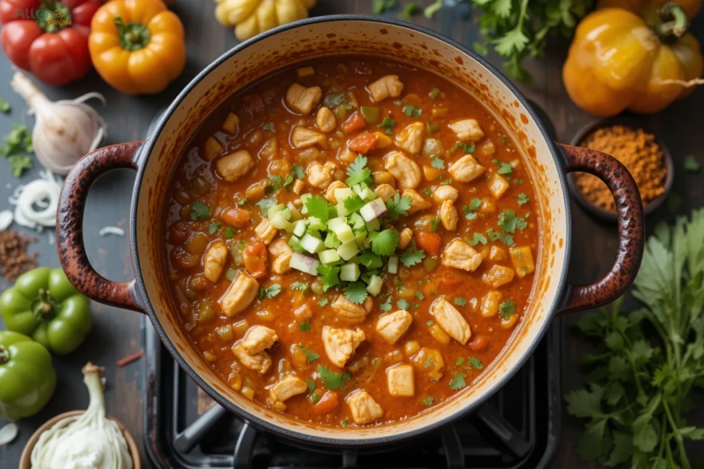 A pot of Easy Spark Recipes Chicken Taco Soup simmering on the stove, surrounded by fresh ingredients like bell peppers, onions, and spices.