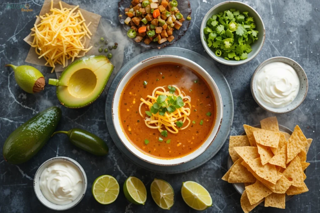 A creamy bowl of Spark Recipes chicken taco soup with melted cheese, sour cream, and a thick, velvety texture, served with tortilla chips.