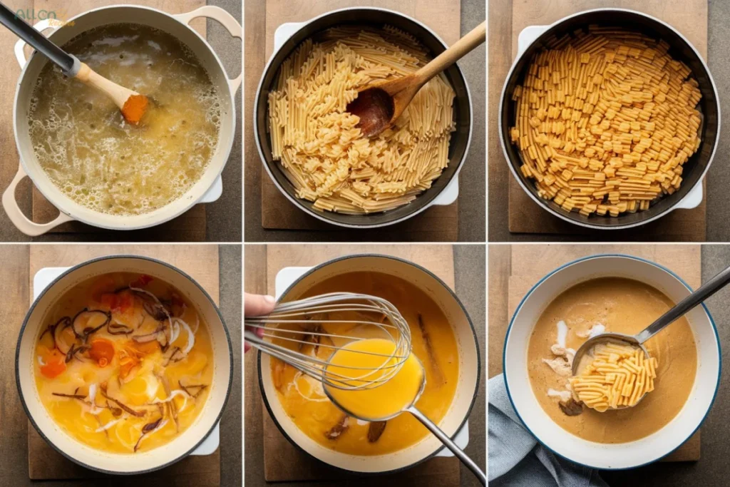 A top-down view of pastina soup ingredients, including tiny pasta, eggs, chicken broth, Parmesan cheese, and a bottle of olive oil on a rustic table.