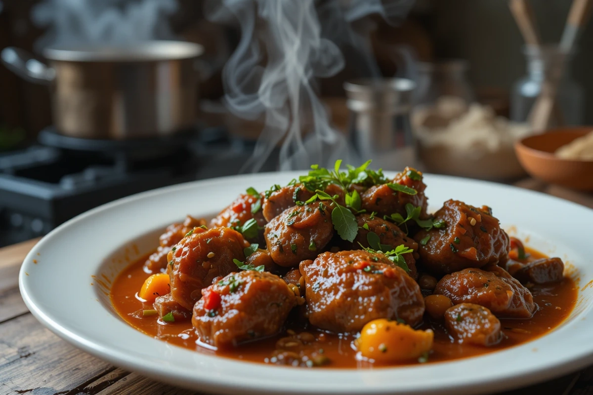 A raw cut of chevon meat on a wooden cutting board, surrounded by fresh vegetables, herbs, and spices, highlighting its high protein and low-fat content.