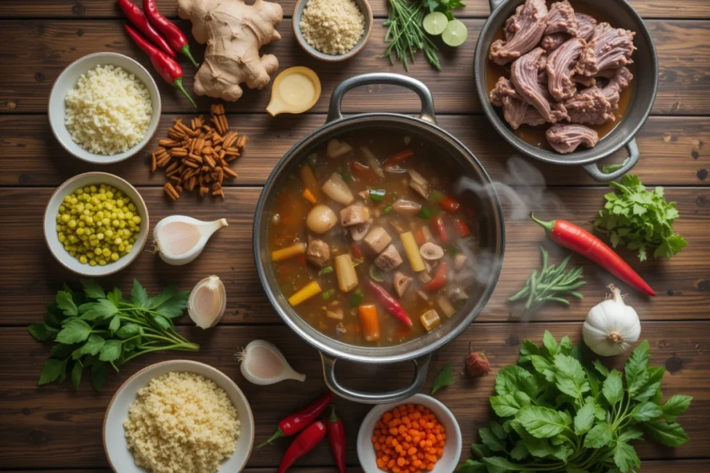 A wooden table filled with ingredients for porcupine soup, including porcupine meat, fresh vegetables, herbs, and a steaming pot of broth.