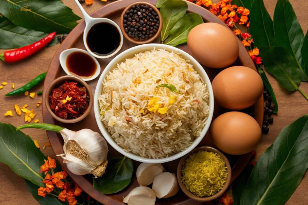 A plate of Anjappar egg fried rice, garnished with curry leaves and black pepper, served alongside a bowl of raita and spicy gravy.