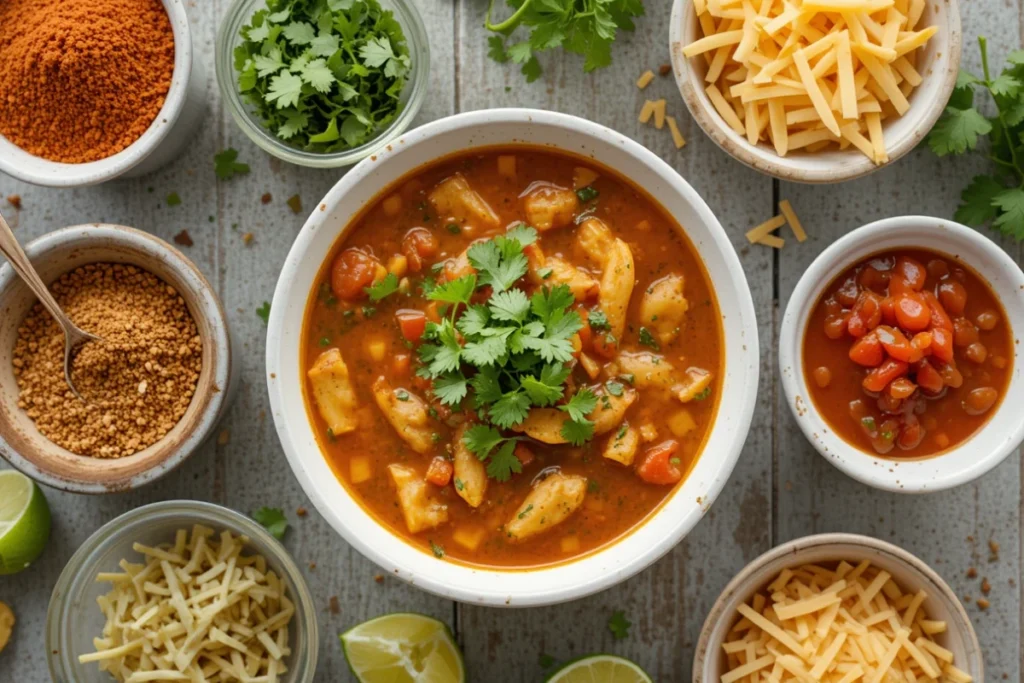 A cutting board with shredded chicken, grilled chicken breast, black beans, and tofu, showcasing different protein choices for Easy Spark Recipes Chicken Taco Soup.