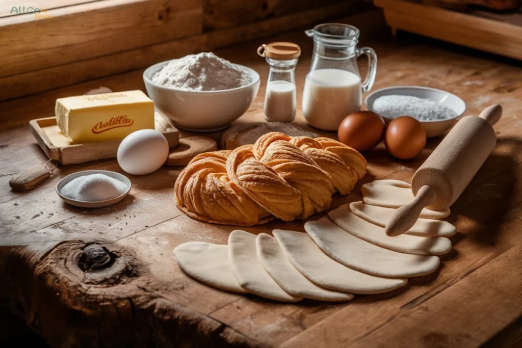 A collage showing the process of making Gipfeli, from rolling out the dough to baking golden, flaky pastries.