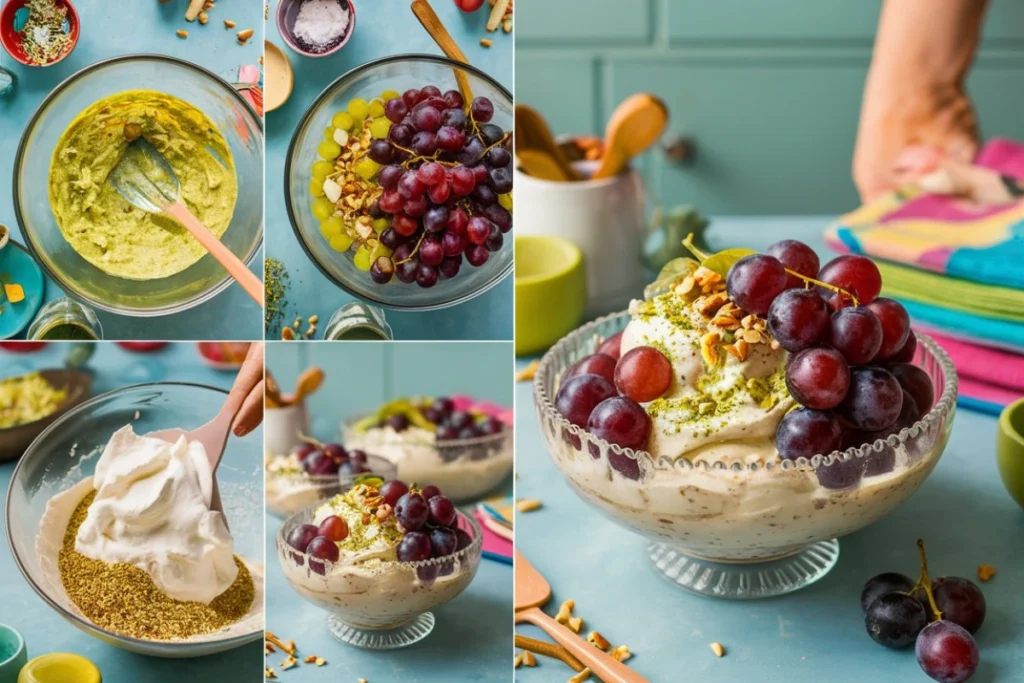 A top-down view of pistachio pudding mix, fresh grapes, whipped cream, and crushed nuts arranged on a marble countertop.