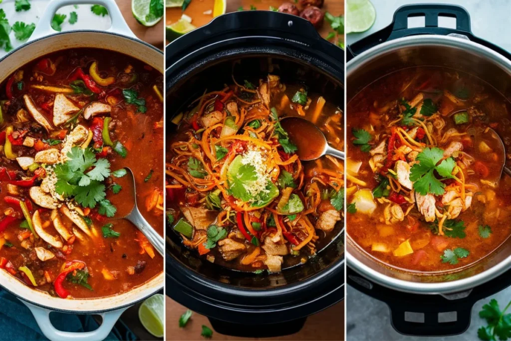 A comparison of a pot, slow cooker, and Instant Pot, each cooking a steaming, flavorful Spark Recipes chicken taco soup with fresh ingredients.