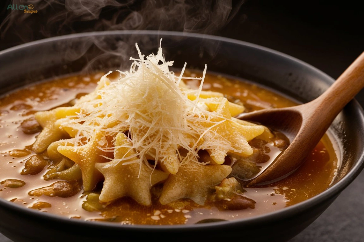 A steaming bowl of pastina soup with egg, featuring tiny pasta, rich golden broth, and grated Parmesan, served in a cozy kitchen setting.