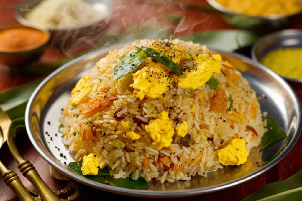 A close-up of golden-brown Anjappar egg fried rice with visible black pepper specks, crispy egg pieces, and fresh curry leaves.