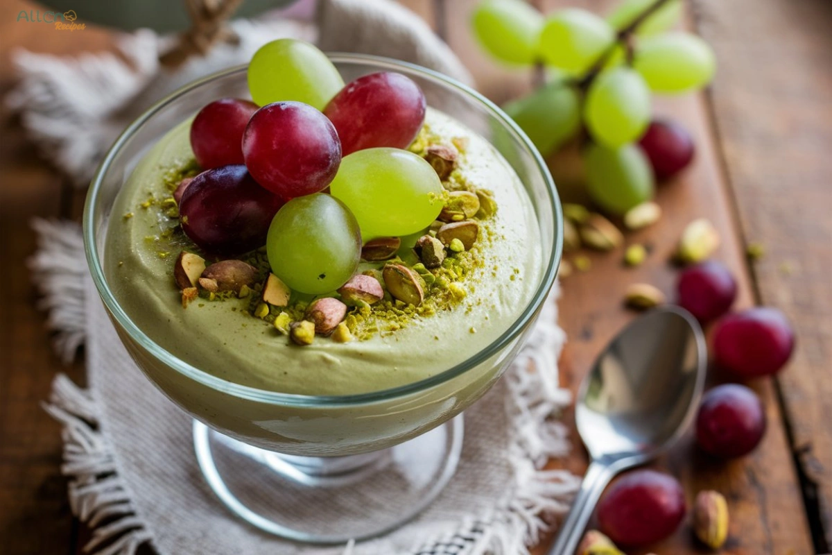 A creamy pistachio pudding in a glass bowl, topped with fresh grapes and crushed pistachios, placed on a rustic wooden table.