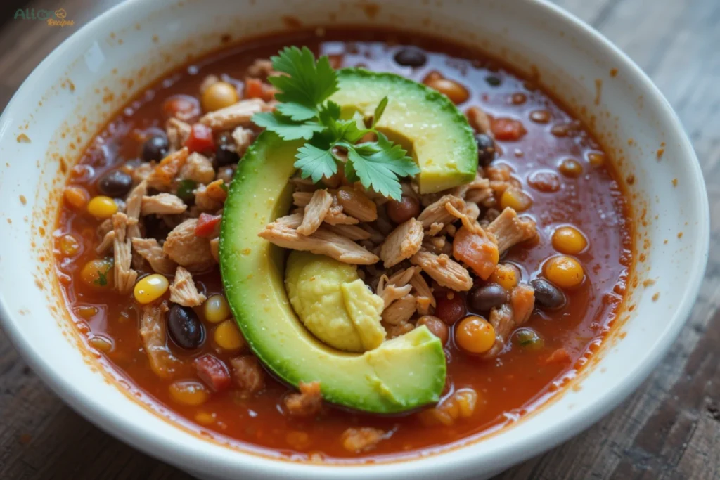 A top-down view of various toppings for Spark Recipes chicken taco soup, including cheese, avocado, jalapeños, sour cream, lime wedges, and tortilla strips.