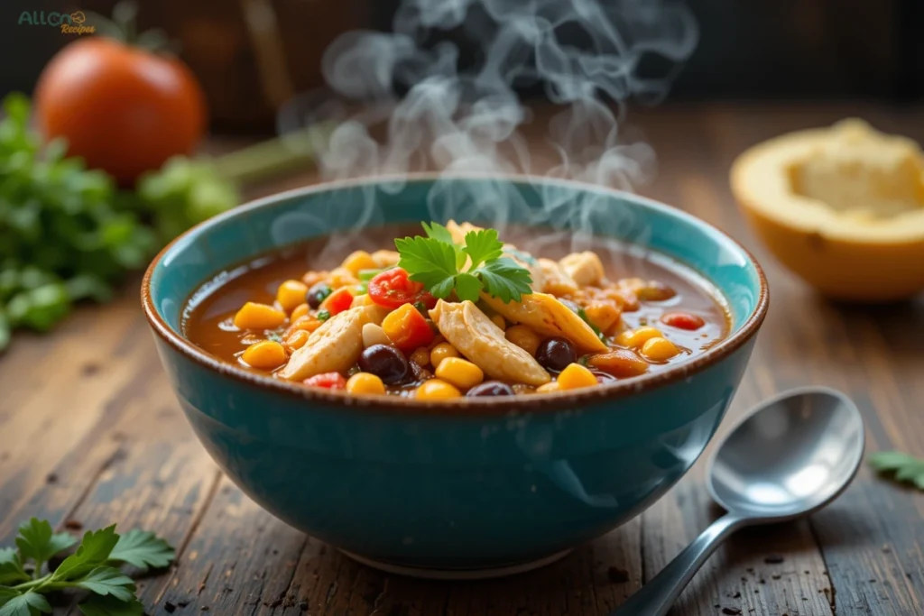 Small bowls filled with taco seasoning, fresh cilantro, lime wedges, salsa, and shredded cheese, arranged around a bowl of Easy Spark Recipes Chicken Taco Soup.