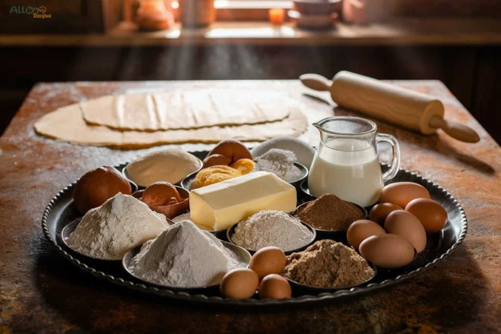 Essential ingredients for a Gipfeli recipe, including butter, flour, yeast, milk, sugar, and eggs, arranged on a rustic countertop.