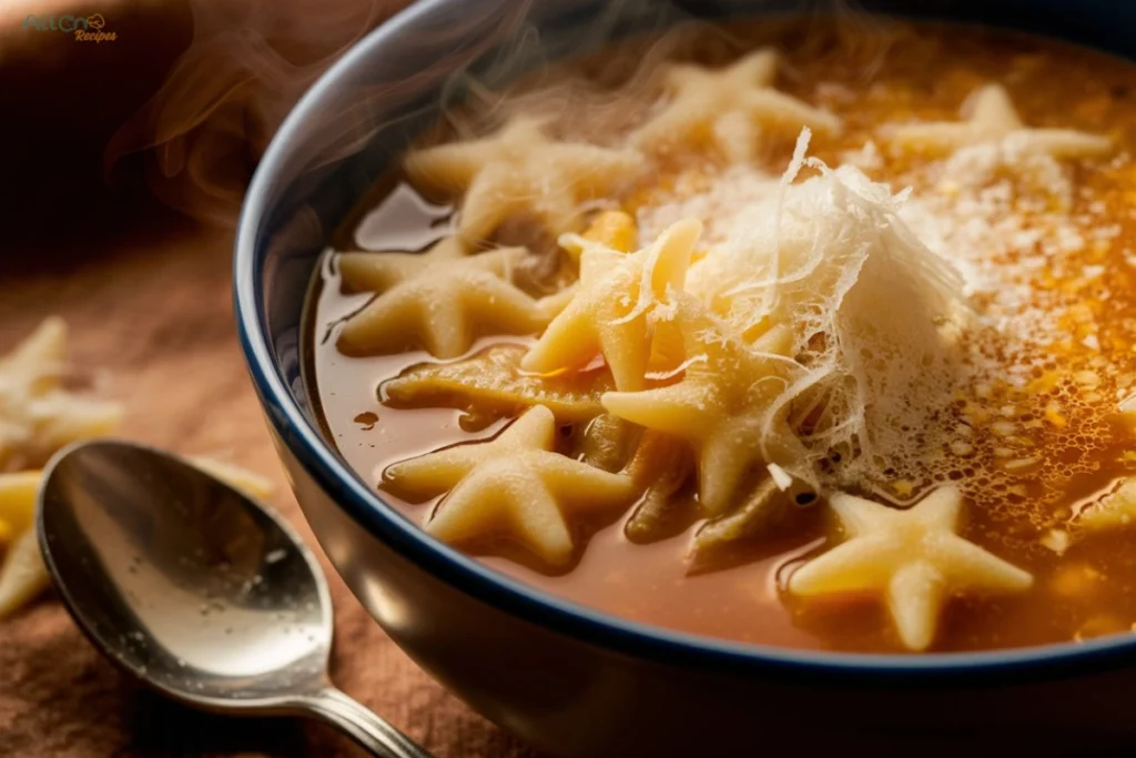 A close-up of a bowl of pastina soup with egg, garnished with Parmesan and fresh herbs, with steam rising from the golden broth.