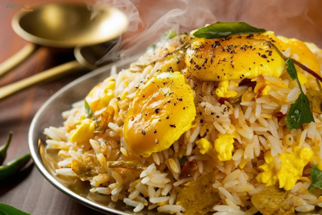 An overhead shot of a beautifully plated Anjappar egg fried rice with a side of Chettinad chicken curry and cooling cucumber raita.