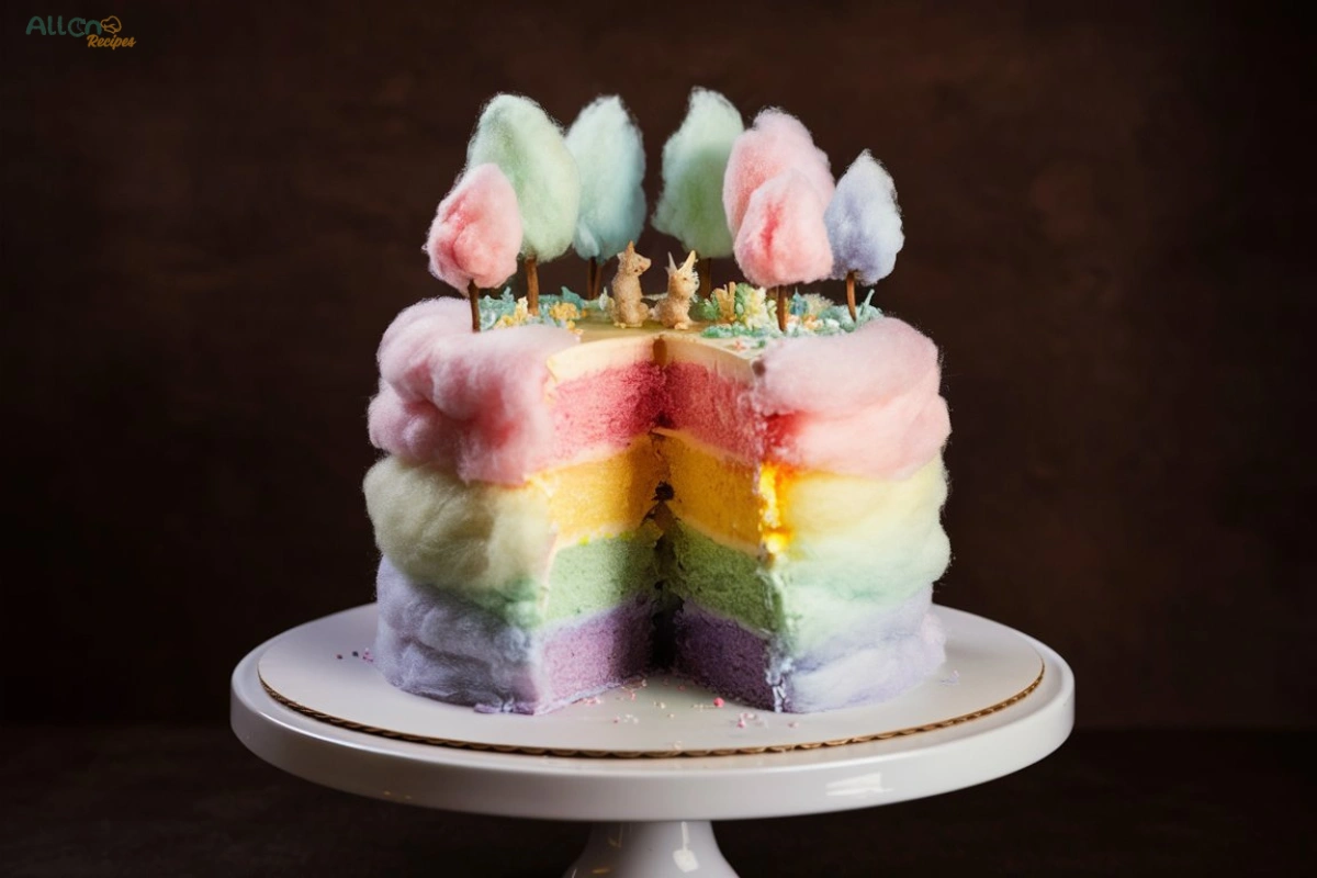 A beautifully decorated cotton candy cake with pastel pink and blue swirls, topped with fluffy cotton candy.