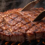 A ribeye steak sizzling on a gas grill with beautiful sear marks. Follow the well done steak time chart to cook it to perfection.