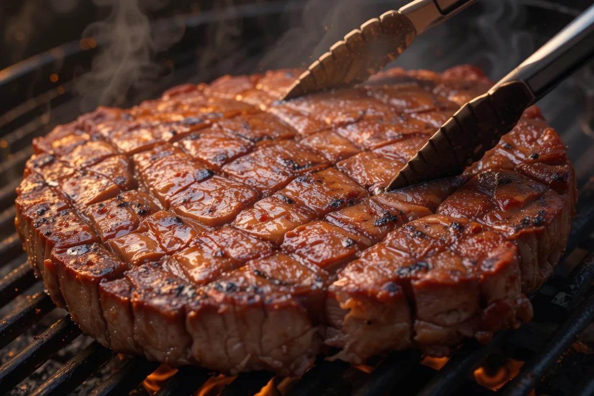 A ribeye steak sizzling on a gas grill with beautiful sear marks. Follow the well done steak time chart to cook it to perfection.