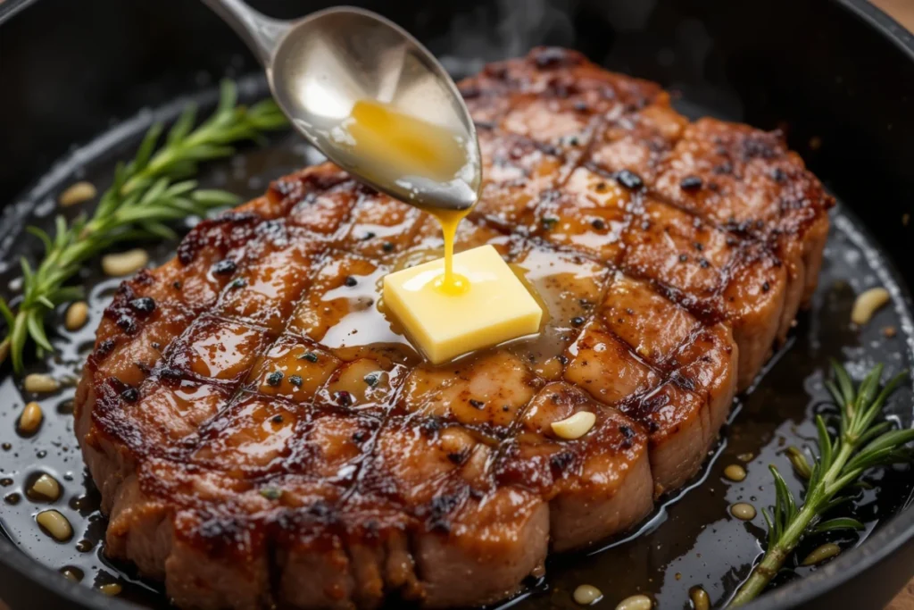 A well-done steak sizzling in a cast iron skillet with butter, garlic, and rosemary. Check the well done steak time chart for cooking accuracy.