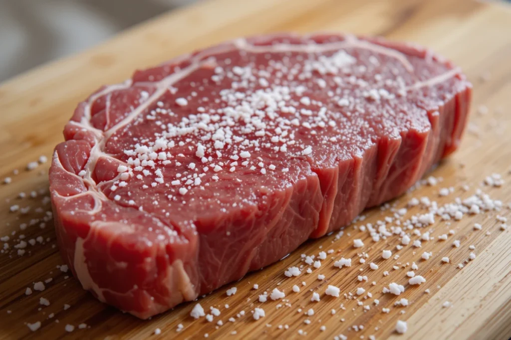 A raw ribeye steak with coarse salt on a wooden cutting board, showing how seasoning enhances flavor. Refer to the well done steak time chart for proper cooking.