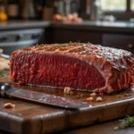 A fresh, marbled Delmonico steak on a wooden board, ready to cook Delmonico steak to perfection.