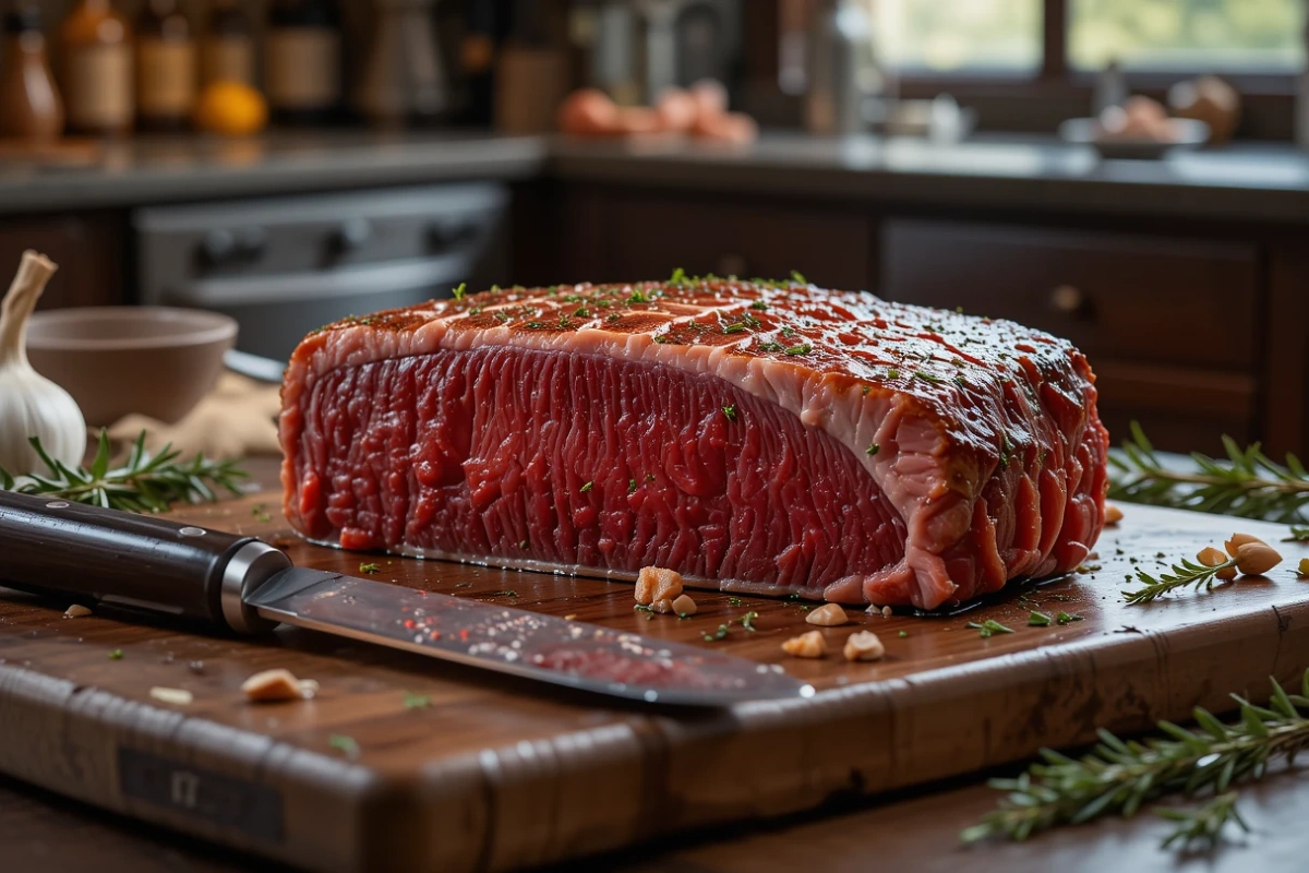 A fresh, marbled Delmonico steak on a wooden board, ready to cook Delmonico steak to perfection.