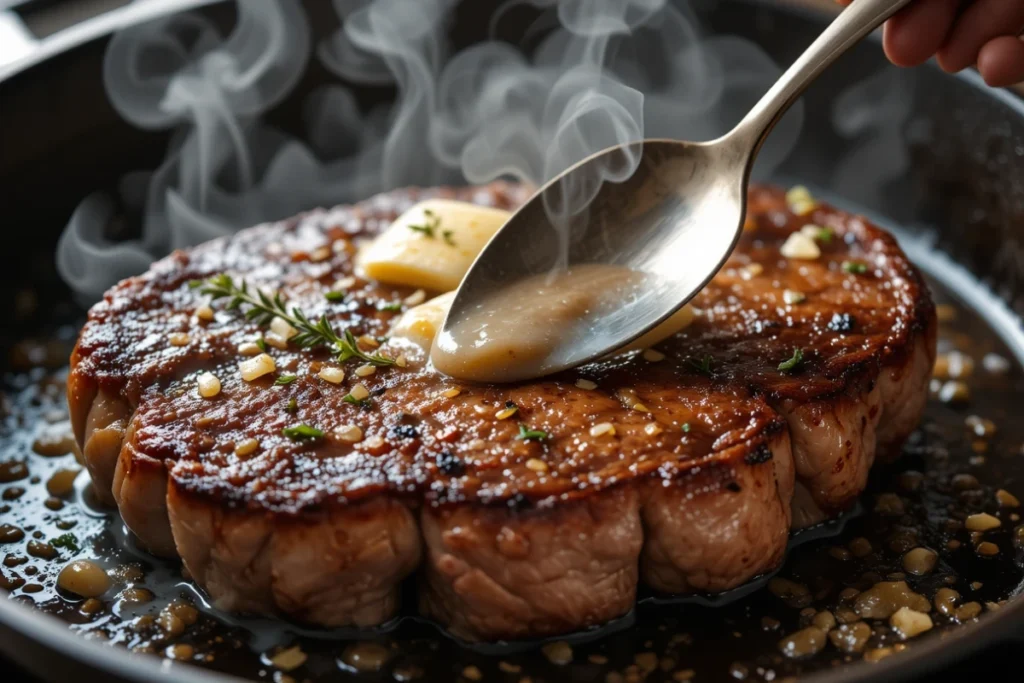 A sizzling cast iron skillet with butter-basted steak, showing how to cook Delmonico steak.