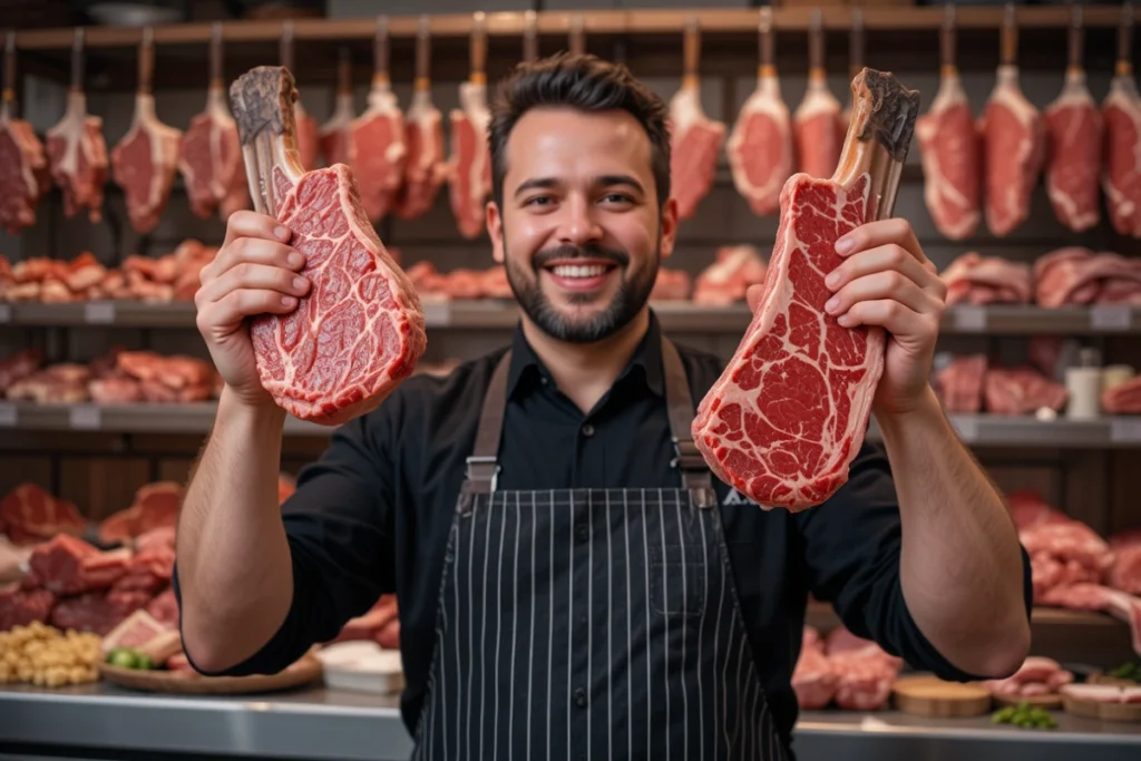 Ribeye vs. Delmonico steak comparison on a butcher’s block – Delmonico steak recipe insights.