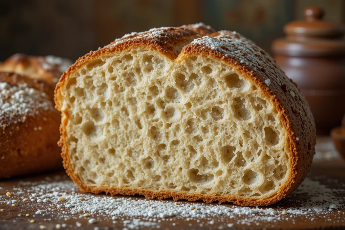 Sourdough discard recipes featuring freshly baked bread with a crispy crust and airy crumb on a rustic wooden surface.