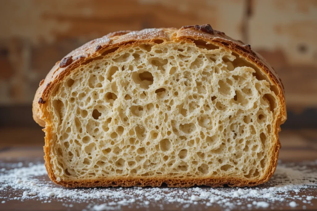 A baker preparing sourdough discard recipes, scoring dough with steam rising from freshly baked crackers, muffins, and pancakes.