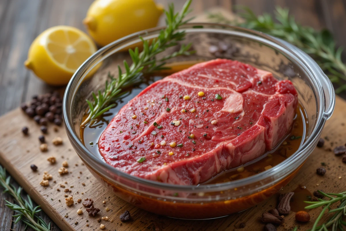 Mock tender steak marinating in olive oil, garlic, and herbs in a glass bowl, surrounded by rosemary, peppercorns, and lemon slices.