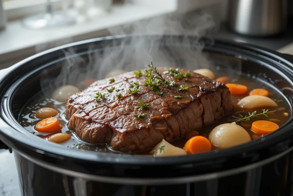 Mock tender steak slow-cooked in a crockpot with onions, carrots, and thyme, creating a tender and flavorful dish.