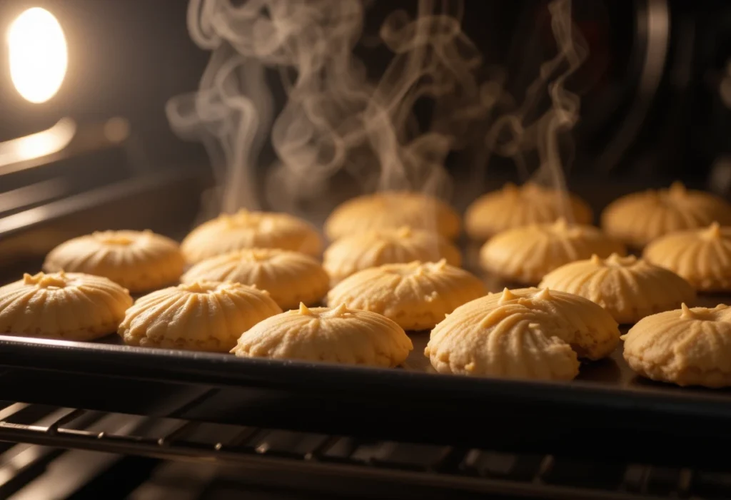 Golden Madeline cookies baking in the oven for a madeline cookies recipe using cream, set at the perfect temperature for a soft texture.