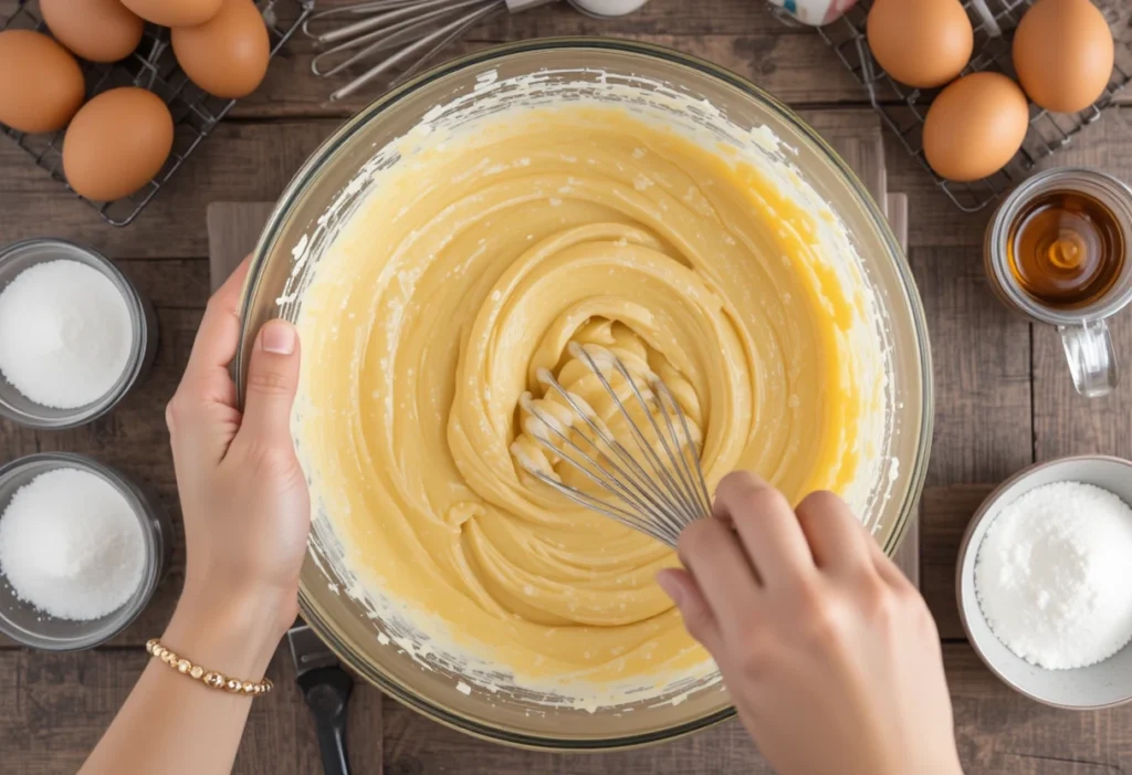 A baker whisking smooth batter for a madeline cookies recipe using cream to achieve a light and airy texture.