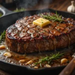 Delmonico steak vs NY strip – A juicy Delmonico steak sizzling in a cast-iron skillet with butter, garlic, and rosemary