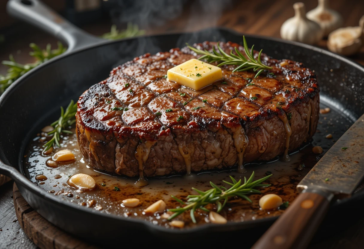 Delmonico steak vs NY strip – A juicy Delmonico steak sizzling in a cast-iron skillet with butter, garlic, and rosemary