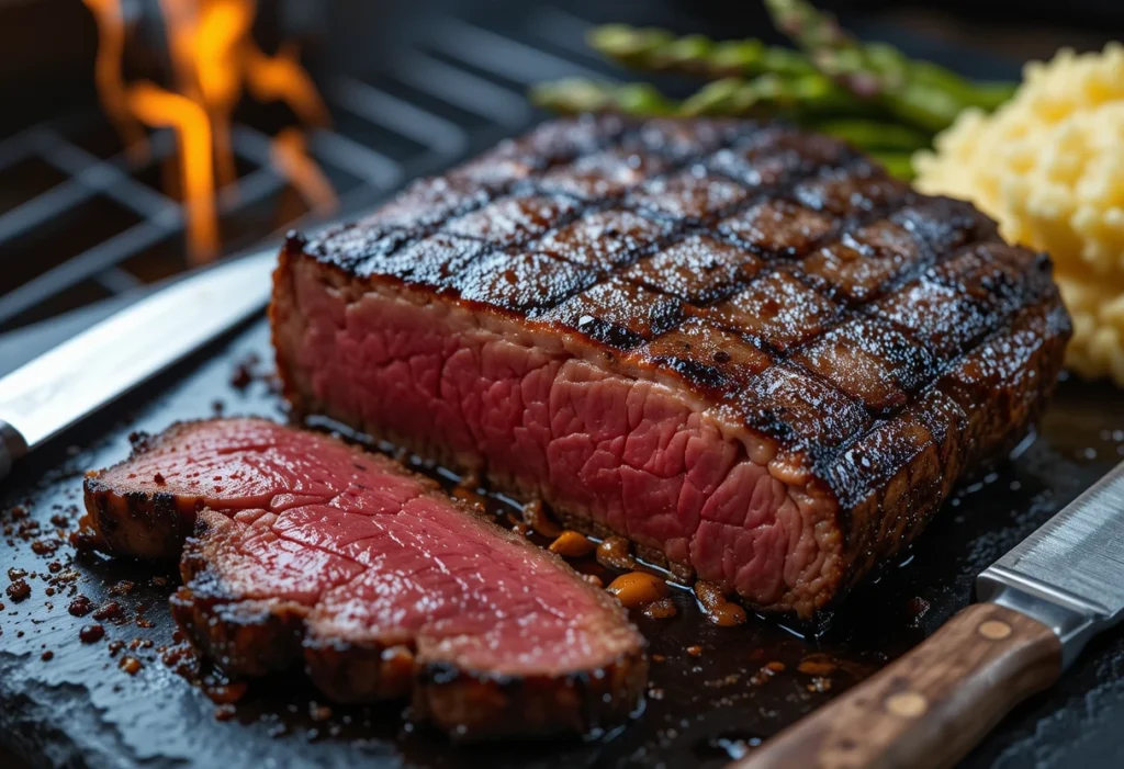 Delmonico steak vs NY strip – A perfectly grilled NY Strip steak with seared grill marks and a medium-rare, pink center.